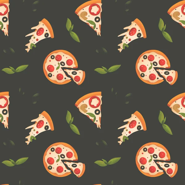 Pizza Luminosa Materasso Digitale Trama Digitale Fondo Nero Stampa Banner — Foto Stock