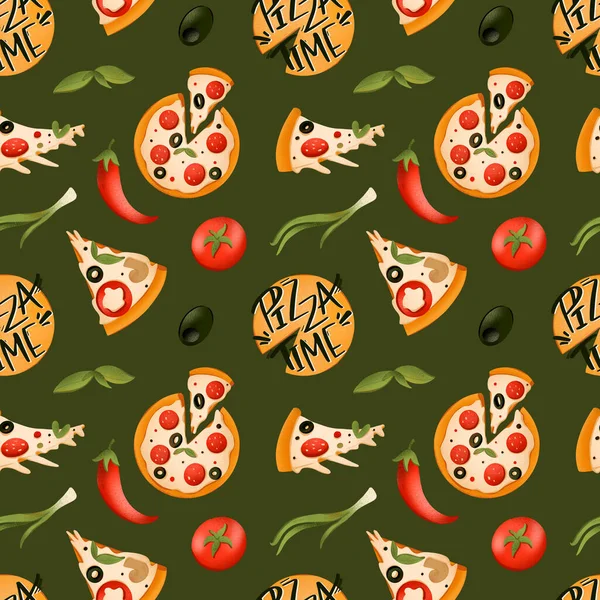 Яскрава Піца Шматок Текстури Цифровий Цифровий Патерн Зеленому Тлі Друк — стокове фото