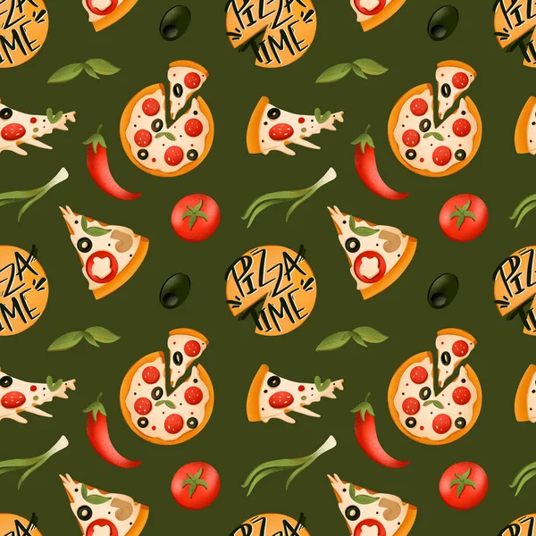 Bright pizza, piece of texture digital digital pattren on a green background. Print for banners, wrapping paper, posters, cards, invitations, fabrics, cafes, menus, restaurants, web design.