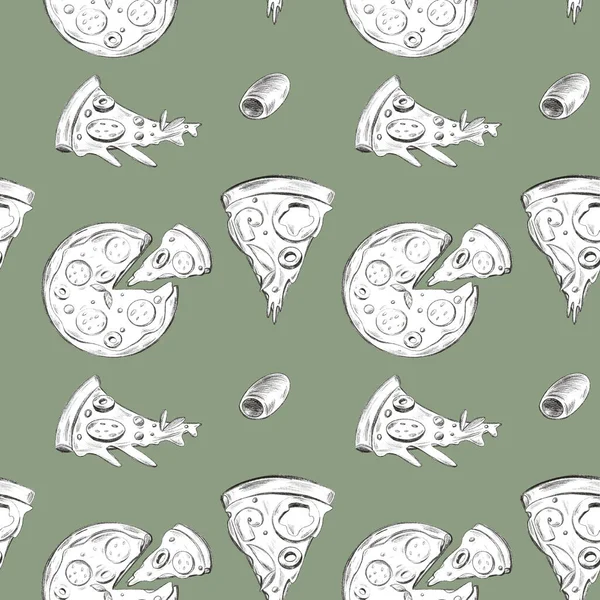 Pizza Senza Cuciture Doodle Schizzo Materasso Uno Sfondo Verde Stampa — Foto Stock