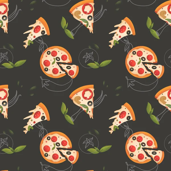 Fényes Pizza Darab Textúra Digitális Pattren Fekete Alapon Nyomtatás Bannerek — Stock Fotó