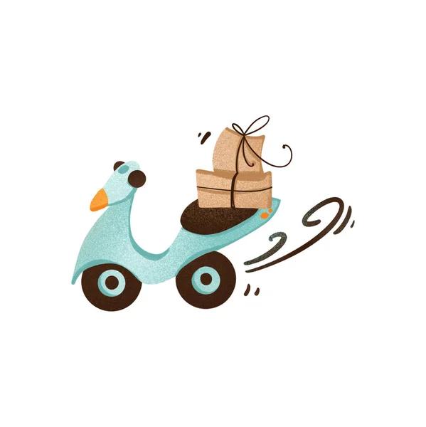 Moped Blue Fast Brown Craft Box Delivery Cute Texture Digital — Stock Photo, Image