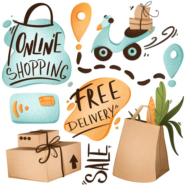 Lettering words online shopping, free delivery, box, food package, bike delivery cute texture digital art. Print for stickers, cards, stationery, sites, banners, posters, scrapbooking