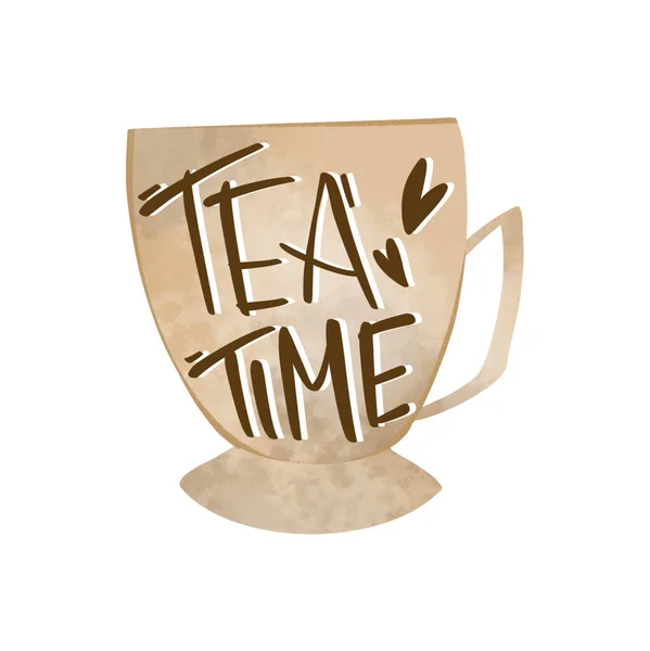 舒适的米黄色杯子 喝茶的时间 Kawaii可爱的纹理数字艺术 印刷贴纸 网页设计 纺织品 洗涤带 — 图库照片