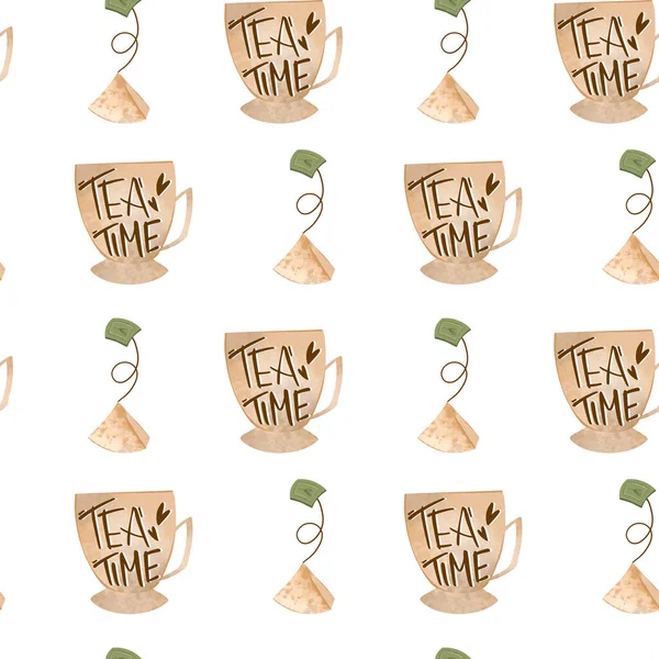 Hoş Bir Çay Deseni Beyaz Arka Planda Kahve Fincanları Dokusal — Stok fotoğraf