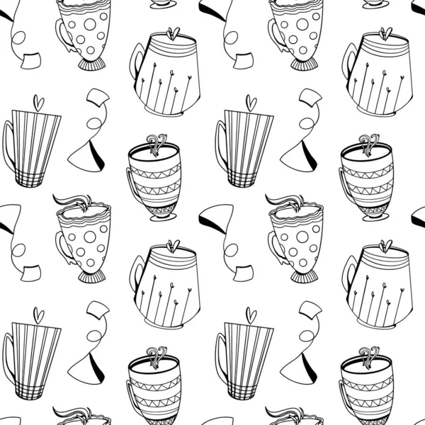 Cozy Cute Pattern Tea Coffee Cups Doodle Art Outline White — Stock Photo, Image