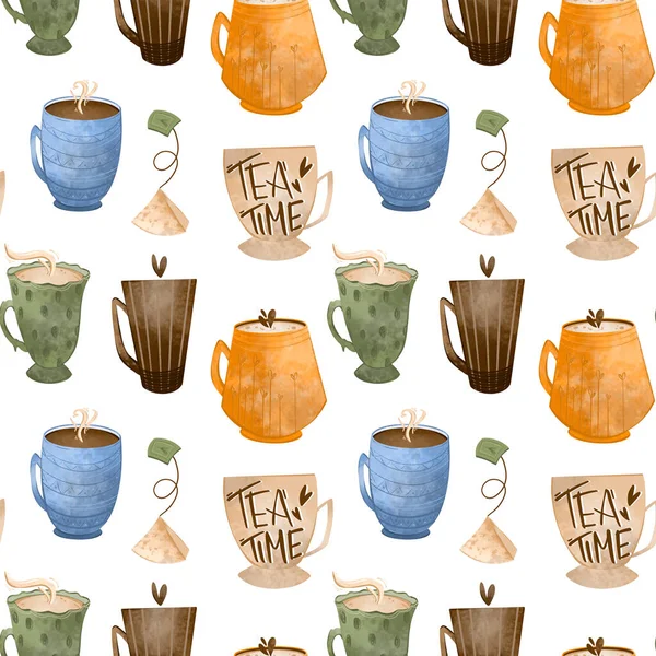 Hoş bir çay deseni, beyaz arka planda kahve fincanları, dokusal dijital sanat. Tekstil, mutfak, menü, restoranlar, çıkartmalar, afişler, posterler, web tasarımı, tebrik kartı, yapışkan bant.