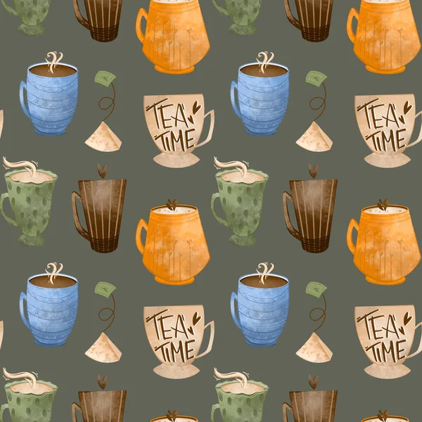 舒适可爱的茶图案 咖啡杯质感数码艺术绿色背景 纺织品印刷 网页设计 — 图库照片