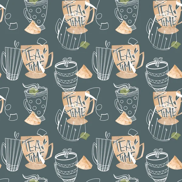 Hoş Bir Çay Deseni Kahve Fincanları Yeşil Arka Planda Dokusal — Stok fotoğraf
