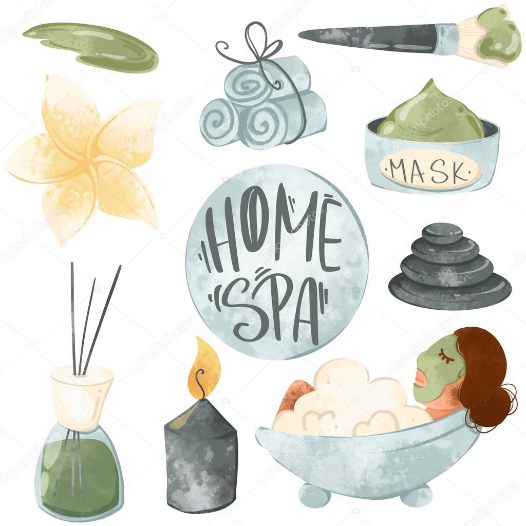 Home spa lettering set, girl in the bathroom, clay mask, aroma diffuser digital texture art. Print for stickers, packaging, banners, posters, cards, web, stationery, fabrics, paper.