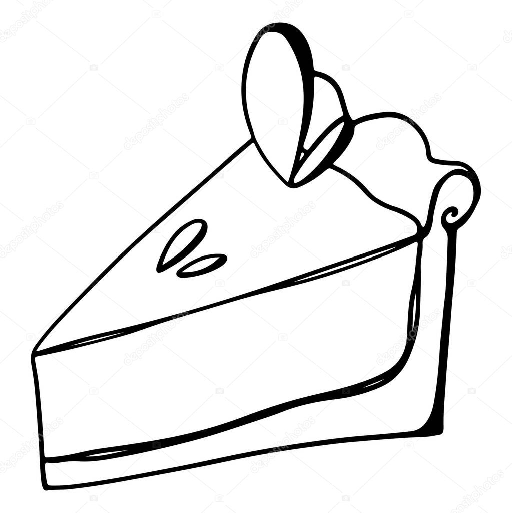 Sliced piece of cake side view outline doodle cute digital art. Print for cards, banners, posters, coloring books, web, invitations, stickers, restaurants, menus, fabrics, wrapping paper.