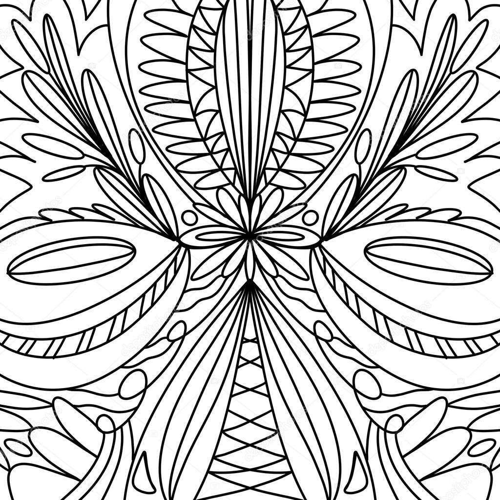 Doodle contour linear black drawing. Abstract mandala modern. Print for children and adults coloring books, postcards, fabrics, banners, wrapping paper, interior design.