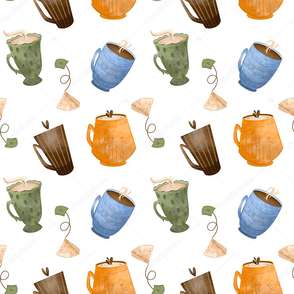 Cozy cute pattern of tea, coffee cups textural digital art on a white background. Print for textiles, kitchen, menu, restaurants, stickers, banners, posters, web design, greeting card, sticky tape.
