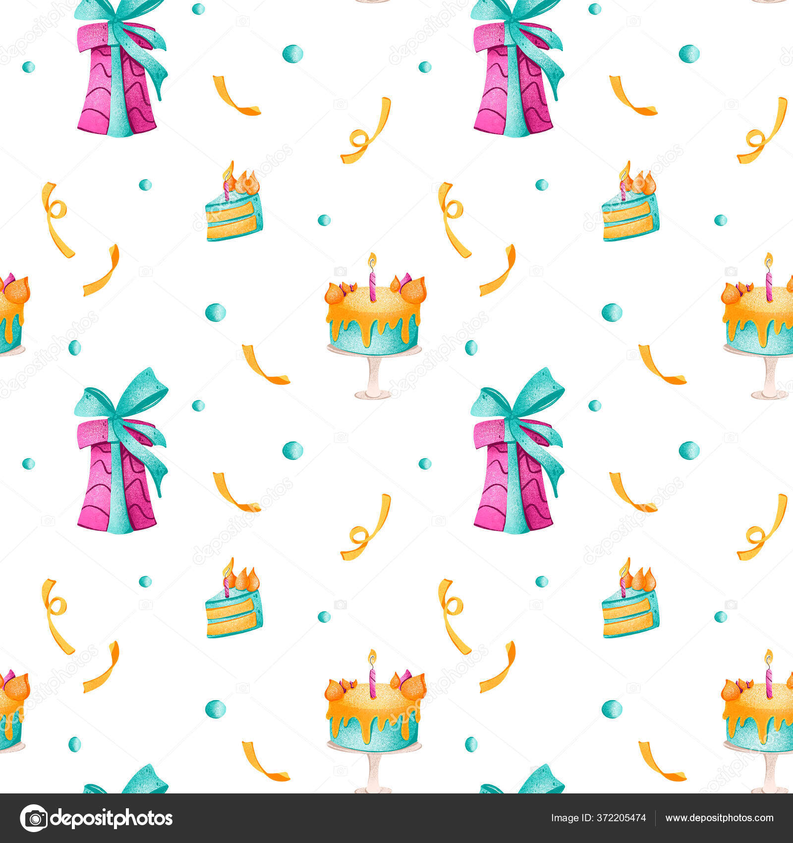 디지털 아트귀엽고 생일의 윤기없는 패턴으로 배경에 케이크가 있습니다 플래카드 디자인 스톡 일러스트레이션 [© AUTHOR_NAME]  #372205474, image size:1600x1700