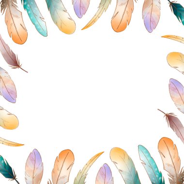 Beyaz arka planda renkli turkuaz sarı sevimli tüylerin kare çerçevesi. Dokusal suluboya dijital sanat. Kumaş, giysi, kırtasiye, afiş, kart, ambalaj kağıdı, dekorasyon.