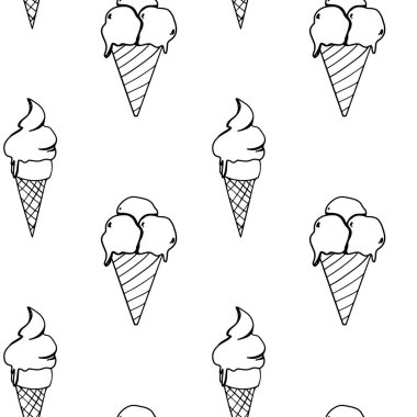 Beyaz arka planda waffle bardağında tatlı bir dondurma. Çizgi karalaması olmayan desenli kenar. Kumaş, kırtasiye, afişler, posterler, kartlar, davetiyeler, ambalaj kağıtları için baskı.