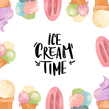 Mektup yazma zamanı el dondurması zamanıdır. Şekerlemeli kare bir kart. Kumaş, kırtasiye, afişler, posterler, kartlar, davetiyeler, ambalaj kağıtları için baskı.