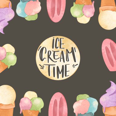 Mektup yazma zamanı el dondurması zamanıdır. Şekerlemeli kare bir kart. Kumaş, kırtasiye, afişler, posterler, kartlar, davetiyeler, ambalaj kağıtları için baskı.