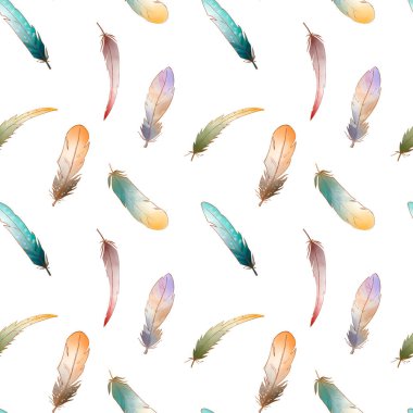 Renkli turkuaz sarı sevimli tüyler beyaz arka planda pürüzsüz desen. Dokusal suluboya dijital sanat. Kumaş, giysi, kırtasiye, afiş, kart, ambalaj kağıdı, dekorasyon.