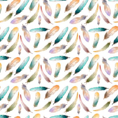 Renkli turkuaz sarı sevimli tüyler beyaz arka planda pürüzsüz desen. Dokusal suluboya dijital sanat. Kumaş, giysi, kırtasiye, afiş, kart, ambalaj kağıdı, dekorasyon.