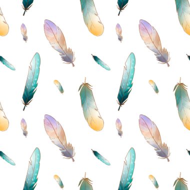 Renkli turkuaz sarı sevimli tüyler beyaz arka planda pürüzsüz desen. Dokusal suluboya dijital sanat. Kumaş, giysi, kırtasiye, afiş, kart, ambalaj kağıdı, dekorasyon.