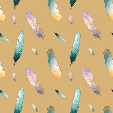 Renkli turkuaz sarı sevimli tüyler sarı arka planda pürüzsüz desen. Dokusal suluboya dijital sanat. Kumaş, giysi, kırtasiye, afiş, kart, ambalaj kağıdı, dekorasyon.