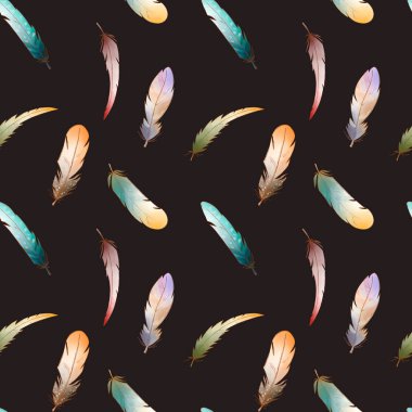 Renkli turkuaz sarı sevimli tüyler siyah bir arka planda pürüzsüz desen. Dokusal suluboya dijital sanat. Kumaş, giysi, kırtasiye, afiş, kart, ambalaj kağıdı, dekorasyon.