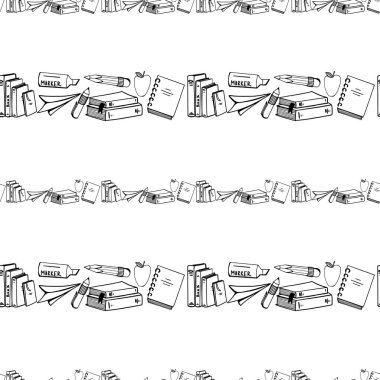 Kalem, defter, kırmızı elma, okul karalamaları beyaz arka planda kusursuz dijital sanat sınırları. Afişler, posterler, web, gönderiler, tekstil, reklamlar, kağıt ürünleri, ambalajlama.