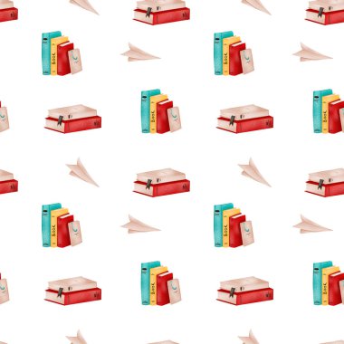 Renkli kapaklı bir yığın kitap. Beyaz arka planda dijital sanat kusursuz desen. Afişler, posterler, web, gönderiler, tekstil, reklamlar, kağıt ürünleri, ambalajlama.