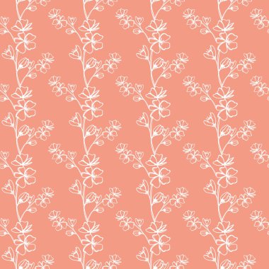 Dijital sanat şirin, pürüzsüz desen pembe arka planda şeftali çiçeği filizleri. Kumaş, ambalaj kağıdı ve paketler, posterler, kartlar, davetiyeler, kıyafetler, kapaklar, web tasarımı için yazdır.