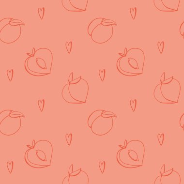 Dijital sanat sevimli şeftali ana hatları pembe arka planda pürüzsüz desen. Kumaş, ambalaj kağıdı ve paketler, posterler, kartlar, davetiyeler, kıyafetler, kapaklar, web tasarımı için yazdır.