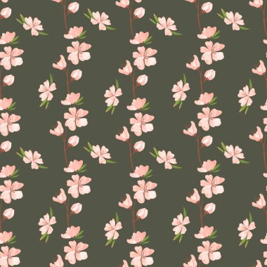 Dijital sanat sevimli şeftali dalı yeşil arka planda dikişsiz desen. Kumaş, ambalaj kağıdı ve paketler, posterler, kartlar, davetiyeler, kıyafetler, kapaklar, web tasarımı için yazdır.