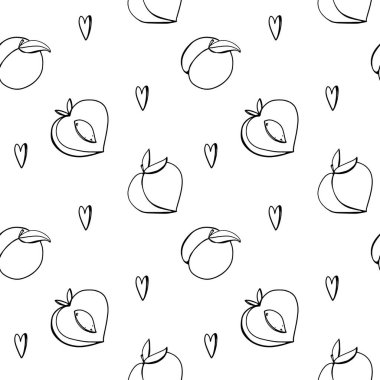 Dijital sanat sevimli şeftali ana hatları beyaz arka planda kusursuz desen. Kumaş, ambalaj kağıdı ve paketler, posterler, kartlar, davetiyeler, kıyafetler, kapaklar, web tasarımı için yazdır.