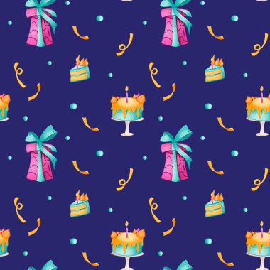 Dijital sanat şirin, parlak, kusursuz bir doğum günü şablonu ve mavi arka planda pasta. Paket kağıdı, kart, pankart, web tasarımı, kumaşlar, ambalaj, hediye paketleri ve kutular için yazdır.