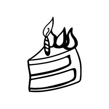 Dijital illüstrasyon. Basit siyah karalama çizgisi. Mumlu üçgen bir pasta. Kartlar, afişler, posterler, kumaşlar, ağ, kağıt, çocuklar ve yetişkin boyama kitapları için yazdır.