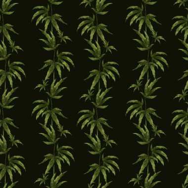 Koyu arkaplanda yeşil sulu kenevir yapraklarının dijitalleşmiş trend deseni. Kumaş, ambalaj, afişler, afişler, sağlık ve güzellik endüstrisi için baskı.