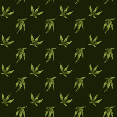 Koyu arkaplanda yeşil sulu kenevir yapraklarının dijitalleşmiş trend deseni. Kumaş, ambalaj, afişler, afişler, sağlık ve güzellik endüstrisi için baskı.