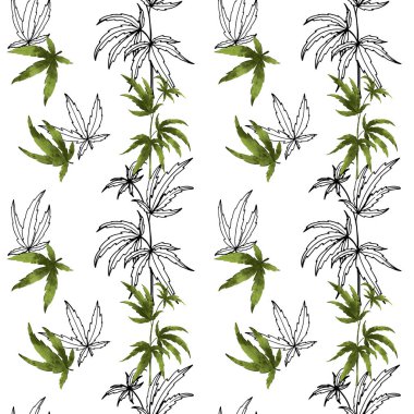 Beyaz arka planda yeşil sulu kenevir yapraklarının dijitalleşmiş trend deseni. Kumaş, ambalaj, afişler, afişler, sağlık ve güzellik endüstrisi için baskı.