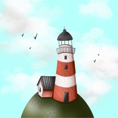 Dijital çocuk kitabı dokusu resimli kare kartpostal çizgili kırmızı ve beyaz deniz fenerleri ve mavi gökyüzü etrafında bulutlu ve martılı bir ada evi. Poster, kağıt ve kapaklar için yazdır.