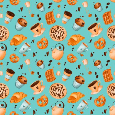 Turkuaz bir zemin üzerinde dijitalsiz çizimler var. Kahve saati, fincanlar, mafya, kruvasan. Afişler, posterler, kartlar, kumaşlar, davetiyeler, kafeler için yazdır.