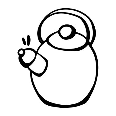 Siyah el yapımı, kabzalı ve ıslıklı bir çaydanlığın dijital çizimi. Afişler, posterler, kartlar, kumaşlar, davetiyeler, kafeler için yazdır.