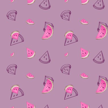 Digital illustration of a cute juicy hot pink watermelon pattern on a pink background. Print for fabrics, paper, banners, posters, coverings, textiles. clipart