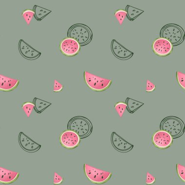 Yeşil arka planda tatlı, sulu, pembe bir karpuz deseninin dijital çizimi. Kumaş, kağıt, pankart, poster, kapak, tekstil baskısı.