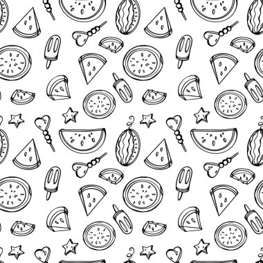 Şirin, karalamalı, siyah çizgili karpuz deseninin dijital çizimi. Kumaş, kağıt, pankart, poster, davetiye, tekstil, boya, ambalaj baskısı.