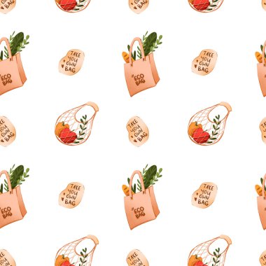 Dijital düz çizimler, üzerinde yazılar olan şirin etiketler çevre dostu bir çantaya, bir torbaya, yeniden kullanılabilir yemeklere gidiyor. Posterler, pankartlar, elbiseler, kağıtlar, kartlar.