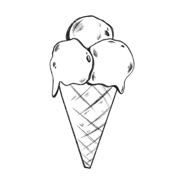 Ice Cream Waffle Cup Three Balls Cute Pencil Sketch Digital — Stock Photo, Image