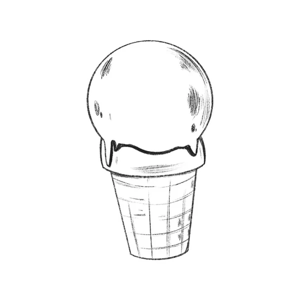 雪糕加一个球在华夫饼杯里 可爱的铅笔草图数码艺术 印刷贴纸 邀请函 — 图库照片