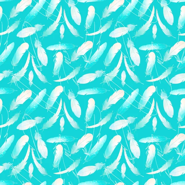 Colored Turquoise Yellow Cute Feathers Seamless Pattern Blue Background Textural — Stock Photo, Image