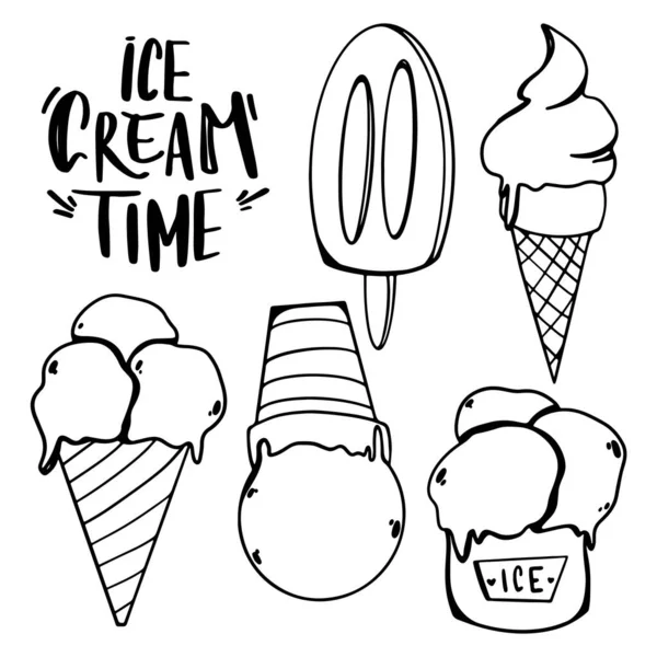 Ice Cream Stick Waffle Cup Set Cute Outline Doodle Digital — Stock Photo, Image