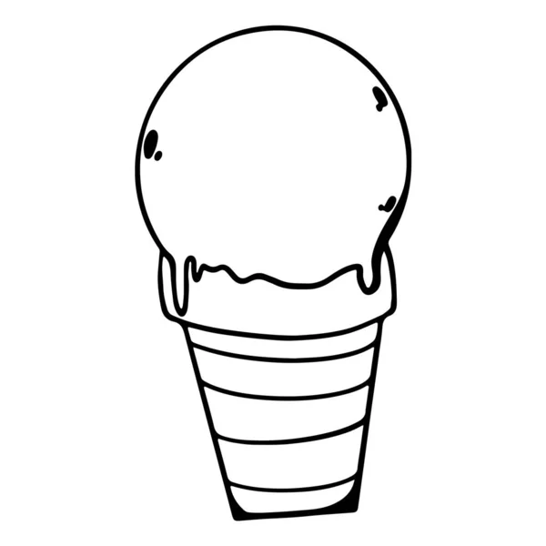 Ice cream in a waffle cup with balls. Cute outline doodle digital art. Print for stickers, menus, cards, restaurants, invitations, fabrics, banners, posters, coloring page.